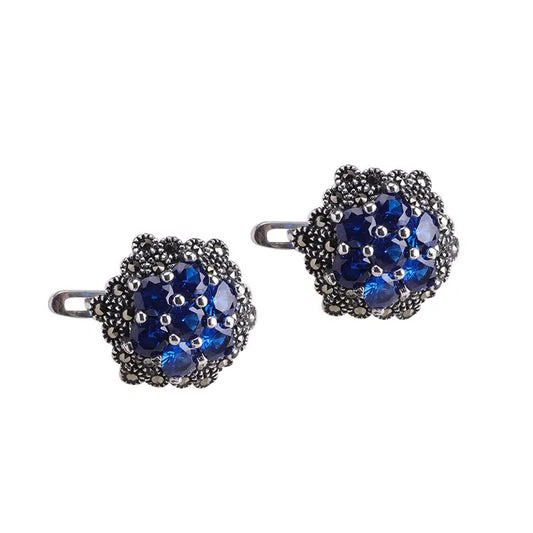 S925 Sterling Silver Earrings for Women New Women's Fashion Relief Flower Marcasite Garnet Agate  Argentum Ear-Clip Jewelry
