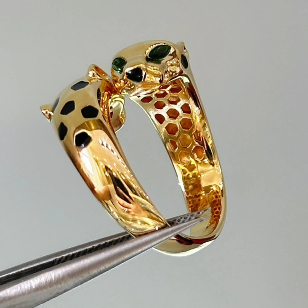 925 Sterling Silver Black Spots CZ Carbon Diamond Double Panther Leopard Open Rings Luxury Designer Jewelry for Men or Women