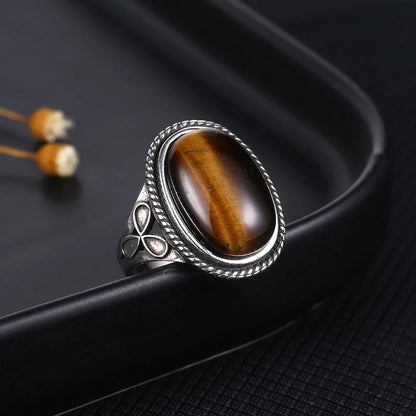 S925 Silver Retro Natural Labradorite Flower Rings Jewelry Silver Large Tiger Eye Engagement Wedding Gift for Women