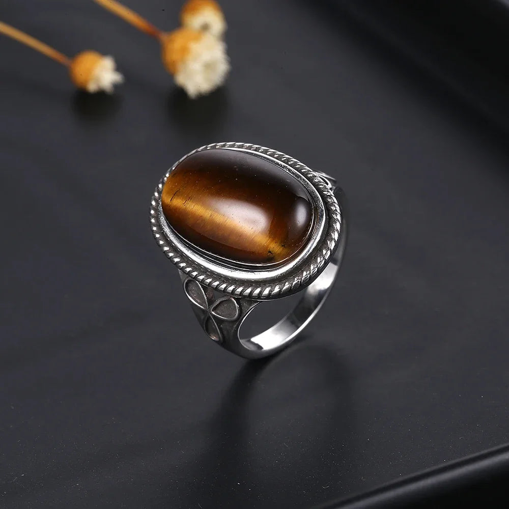 S925 Silver Retro Natural Labradorite Flower Rings Jewelry Silver Large Tiger Eye Engagement Wedding Gift for Women