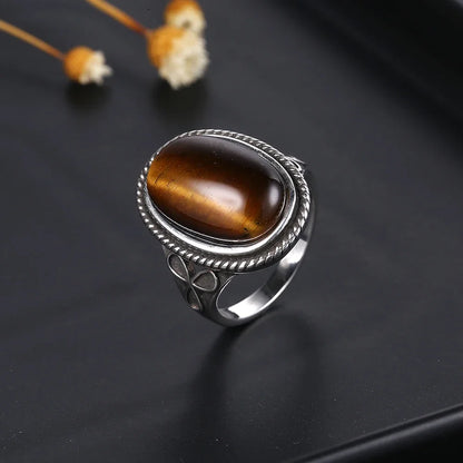 S925 Silver Retro Natural Labradorite Flower Rings Jewelry Silver Large Tiger Eye Engagement Wedding Gift for Women