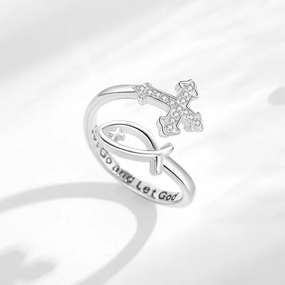 Eudora 925 Sterling Silver Cross Jesus Fish Adjustable Ring for Women Christian Blessed Cross Ichthus Ring Jewelry Gift for Mom