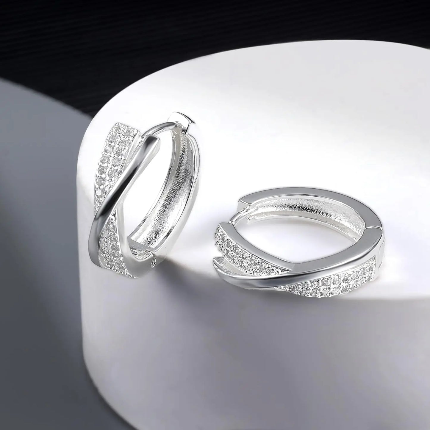 Orecchini Donna Argento 925 Orecchini Cerchio, Oro Placcato 14K/ Oro Bianco Brillantini Orecchini