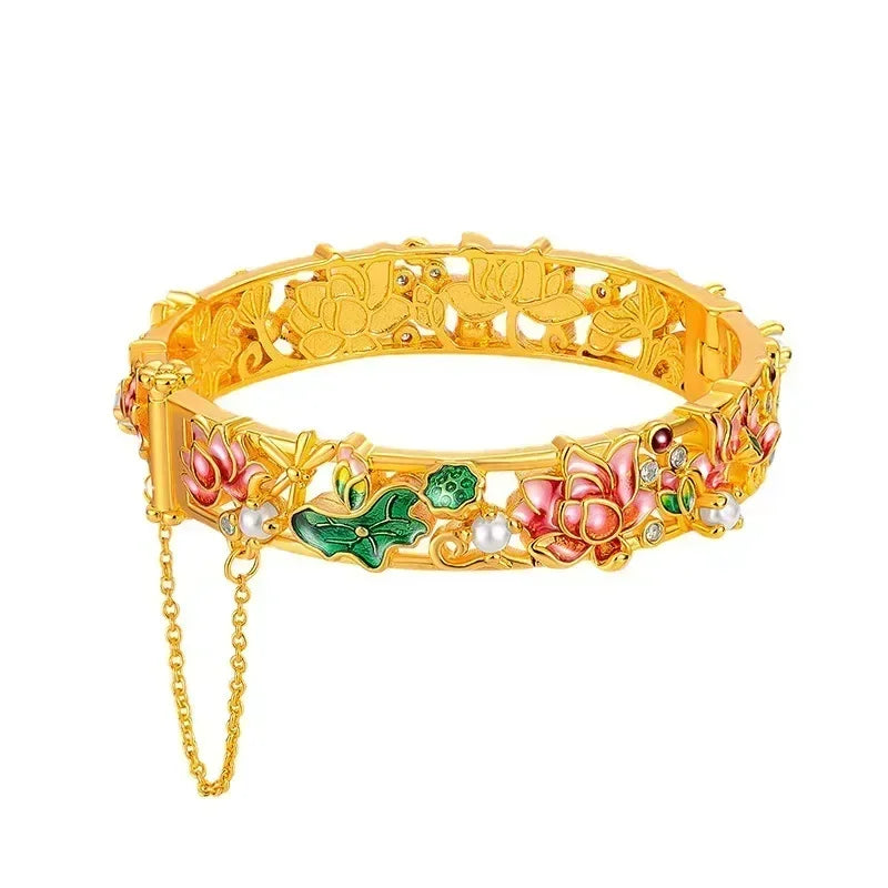 Fine pure gold AU999 real  24K  ethnic style enamel lotus bracelet pearl  buckle large  ladies  bracele