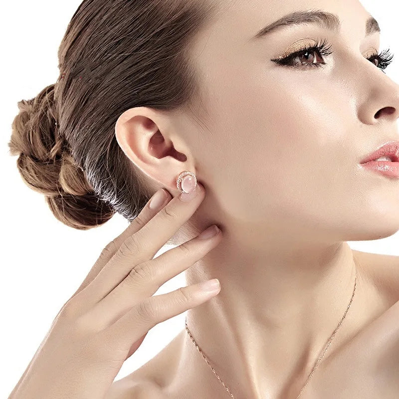 Luxury Pink Quartz 14k Rose Gold Stud Earrings for Women Romantic Elegant Female Fine Daily Jewelry Earrings Designer Jewelry