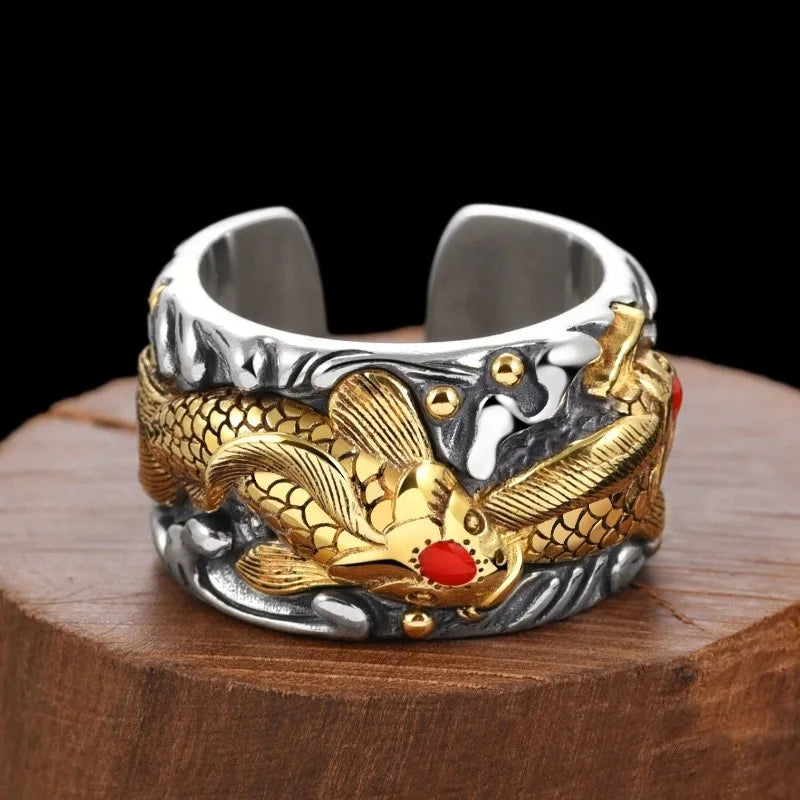 Classic and Domineering cameo mens rings Golden koi fish Retro 925 Thai Silver Trendy rings for women Banquet Jewelry Gift