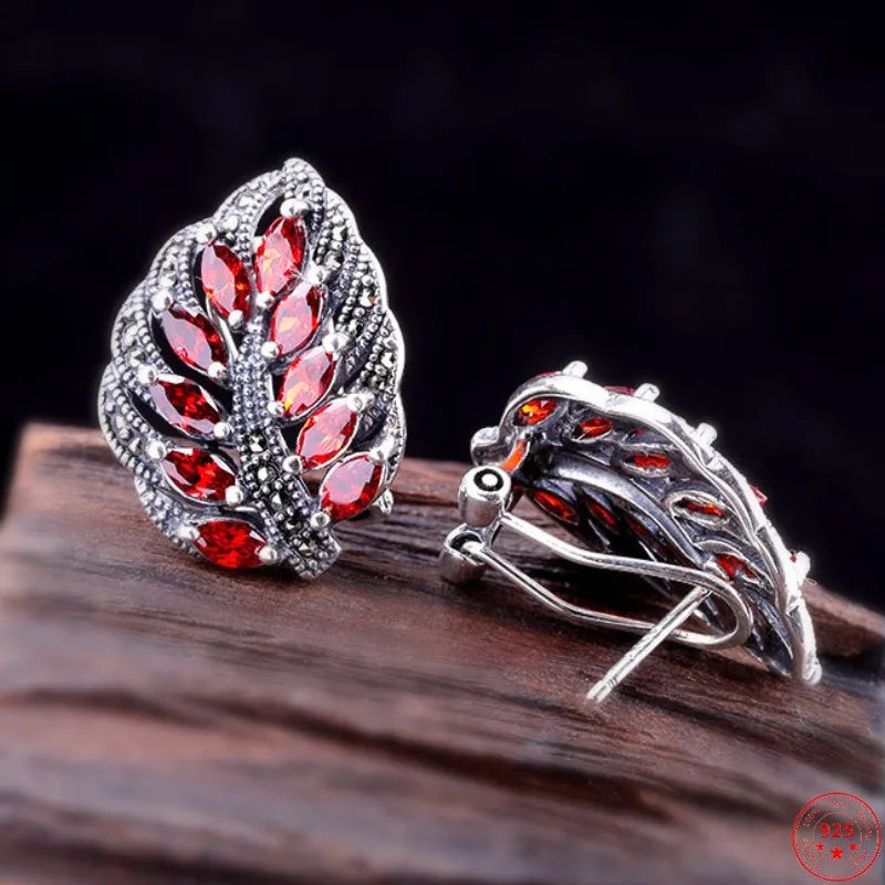 S925 Sterling Silver Stud Earrings for Women New Women's Fashion Relief Leaf Marcasite Garnet Agate Silver Ear-Clip Jewelry