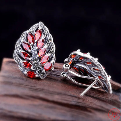 S925 Sterling Silver Stud Earrings for Women New Women's Fashion Relief Leaf Marcasite Garnet Agate Silver Ear-Clip Jewelry