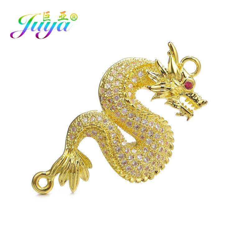 Juya Handmade 18K Gold Plated Cz Paved Decorative Copper Dragon Charms Connectors Accessories For DIY Talisman Jewelry Making