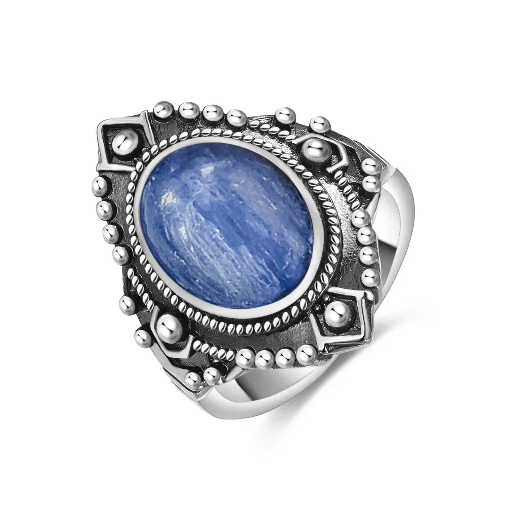 Vintage S925 Sterling Silver Ring Oval Round Natural Kyanite Ring Sun And Flower Shaped Retro Fine Jewelry For Women Men