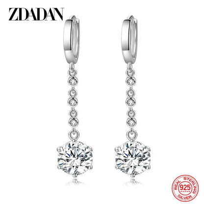 ZDADAN 925 Sterling Silver Blue Crystal Long Drop Earrings For Women Fashion Wedding Jewelry Gifts