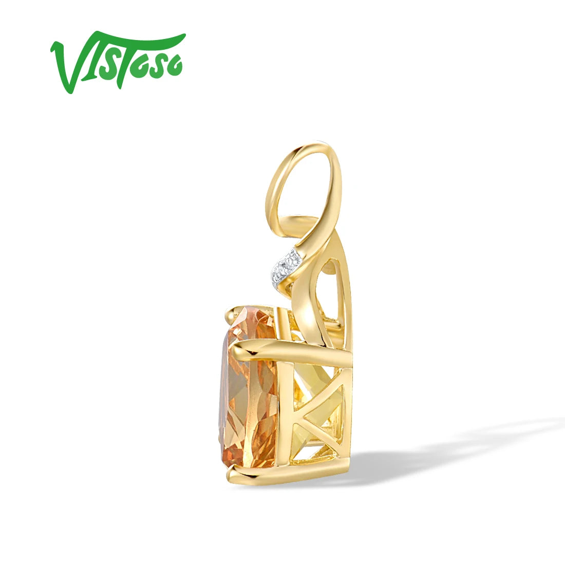 VISTOSO Genuine 14K 585 Yellow Gold Pendant For Women Sparkling Round Citrine Diamond Pendant Delicate Gorgeous Fine Jewelry