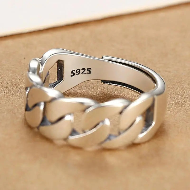 VENTFILLE 925 Sterling Silver Rings INS Fashion Hip Hop Vintage Couples Hollow Lines Punk Thai Silver Party Adjustable  Jewelry