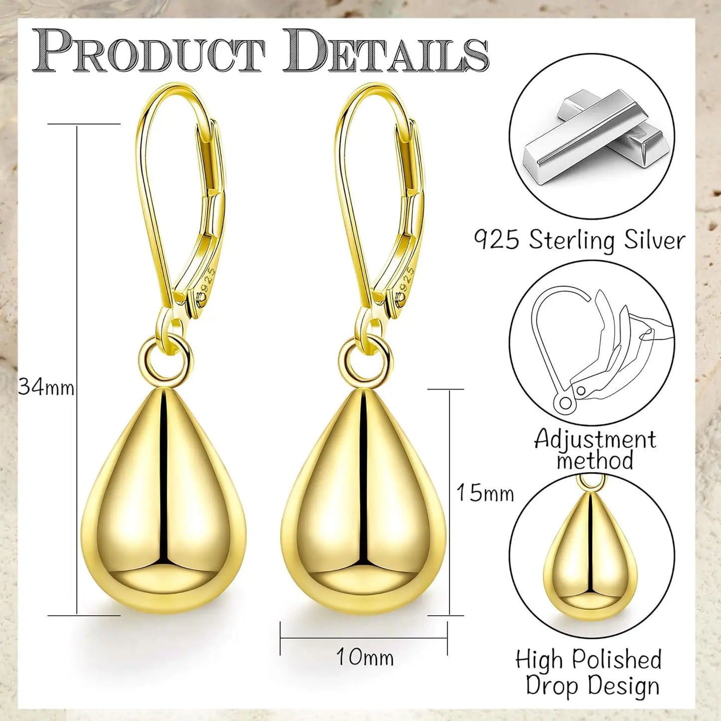 Orecchini Donna Argento 925 Orecchini a Goccia d'Acqua Brillante Orecchini Pendenti Placcati in Oro