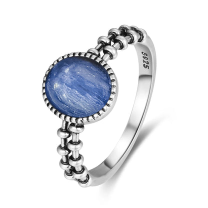 Vintage S925 Sterling Silver Ring Oval Round Natural Kyanite Ring Sun And Flower Shaped Retro Fine Jewelry For Women Men