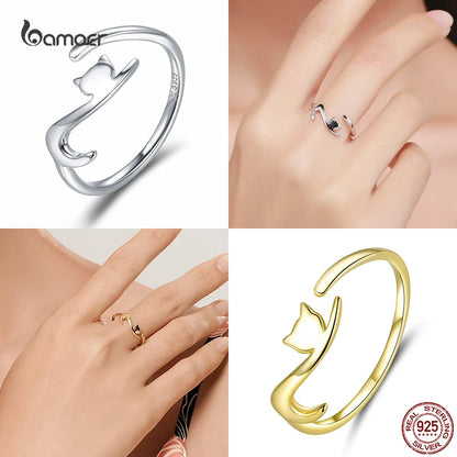Bamoer Genuine 925 Sterling Silver Cute Cat And Dog Adjustable Ring For Women S925 Open Animal Ring Fine Jewelry Accessories