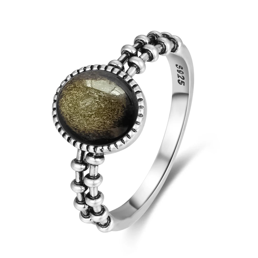 925 Sterling Silver Rings With Natural Black Onyx Stone Vintage Style Gear and Chain Shape Punk Rings Fine Jewelry for Woman Men