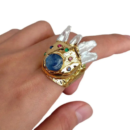 YYGEM White Biwa Pearl 10mm Blue Kyanite Gold Plated Finger Rings Adjustable Ring Designer Jewelry