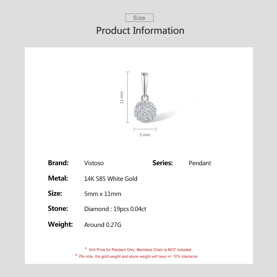 VISTOSO Gold Pendants For Women Authentic 14K 585 Yellow Gold Small Round Circle Sparkling Diamond Necklace Pendant Fine Jewelry