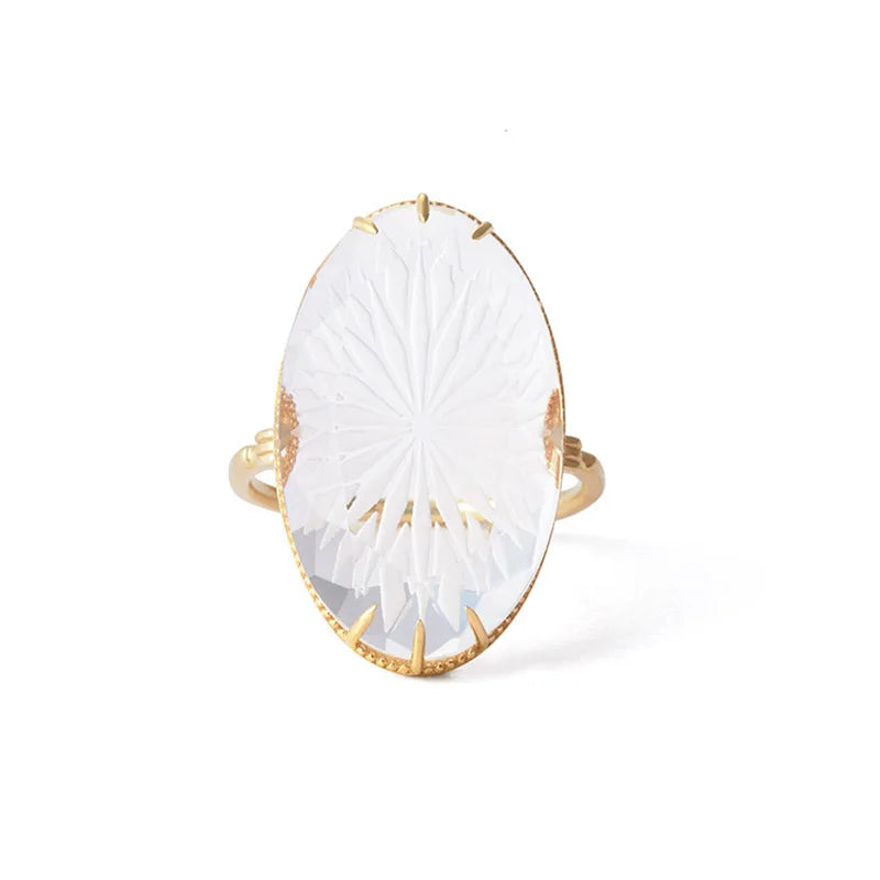 LAMOON 925 Silver Ring For Women Luxury Vintage Palace Snowflake Natural White Crystal 14K Gold Plated Fine Jewelry LMRI154