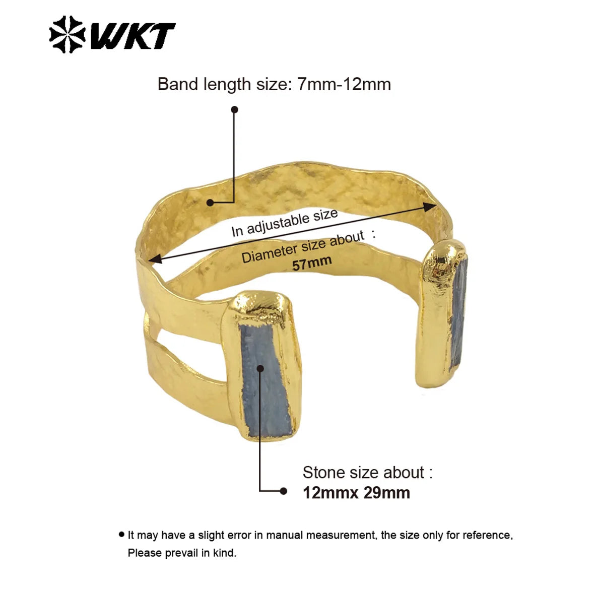 WT-B665 Natural Rectangle Blue Kyanite Hollow Design 18k Gold Plated Cuff Adjustable Bangle For Unisex Decorated