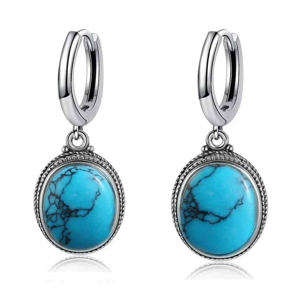 Vintage 925 Sterling Silver Earring Oval Natural Kyanite Stone Moonstone Labradorite Hoop Earrings With Necklace Set For Women