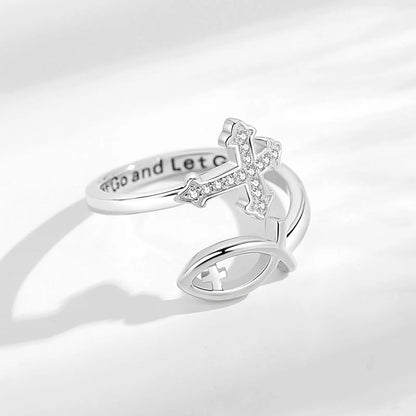 Eudora 925 Sterling Silver Cross Jesus Fish Adjustable Ring for Women Christian Blessed Cross Ichthus Ring Jewelry Gift for Mom