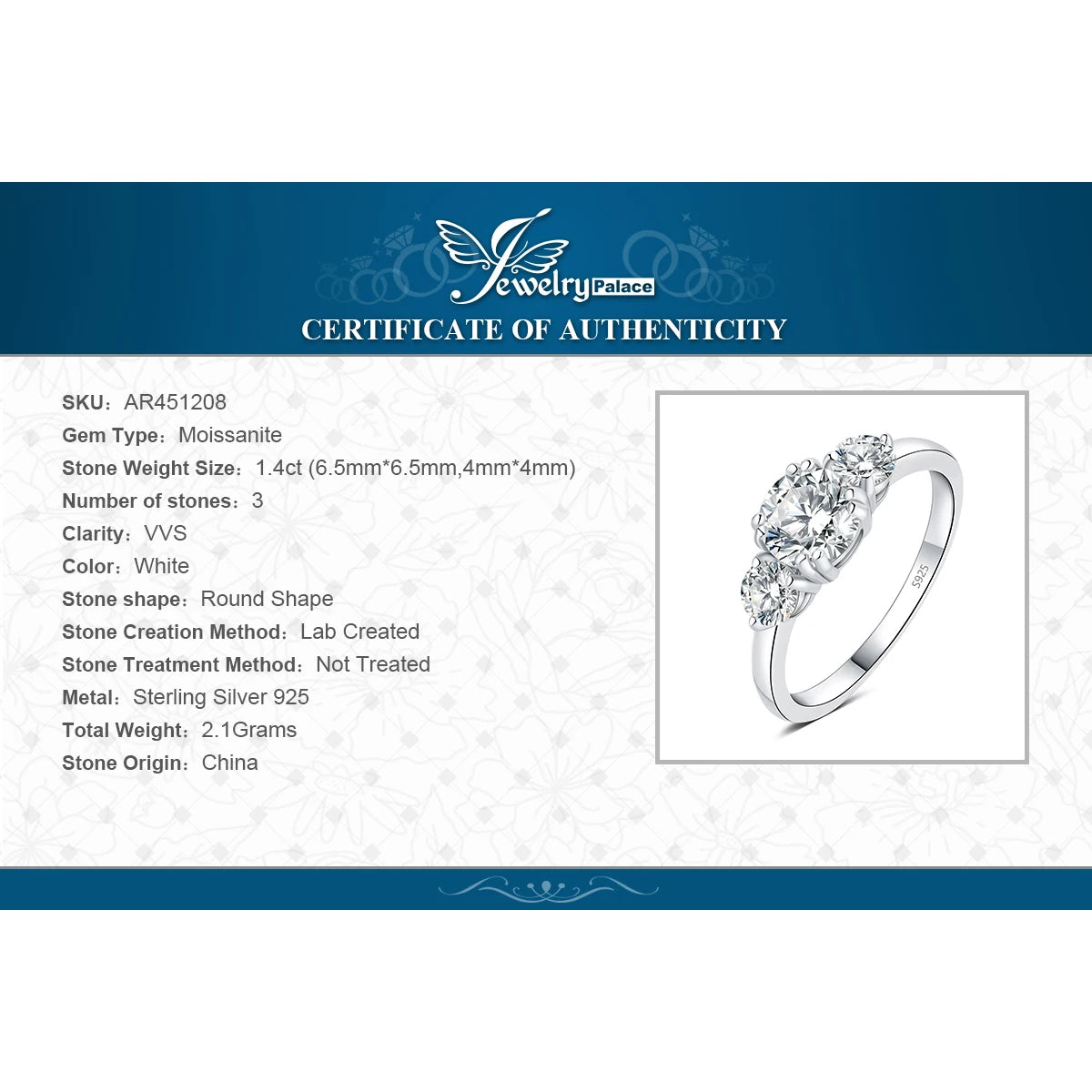 JewelryPalace Moissanite D Color 1.4ct 925 Sterling Silver 3 Stone Wedding Engagement Ring for Woman Yellow Rose Gold Plated