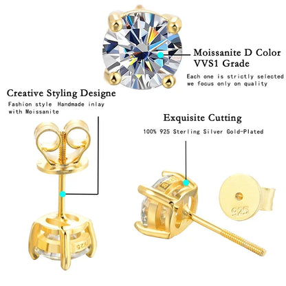 ALITREE 1ct D Color Moissanite Earrings 925 Sterling Sliver Plated Gold Diamond Ear Studs with GRA Certificate for Women Jewelry