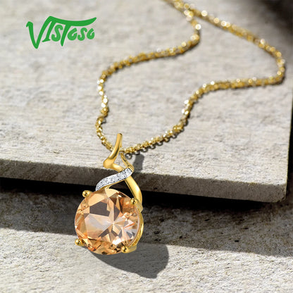 VISTOSO Genuine 14K 585 Yellow Gold Pendant For Women Sparkling Round Citrine Diamond Pendant Delicate Gorgeous Fine Jewelry