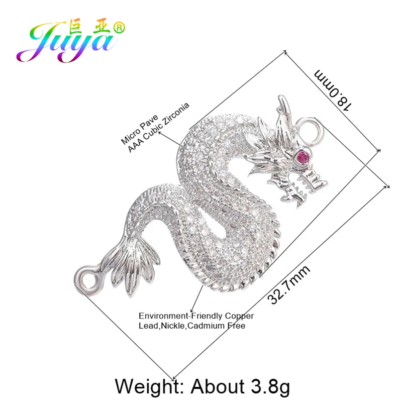 Juya Handmade 18K Gold Plated Cz Paved Decorative Copper Dragon Charms Connectors Accessories For DIY Talisman Jewelry Making