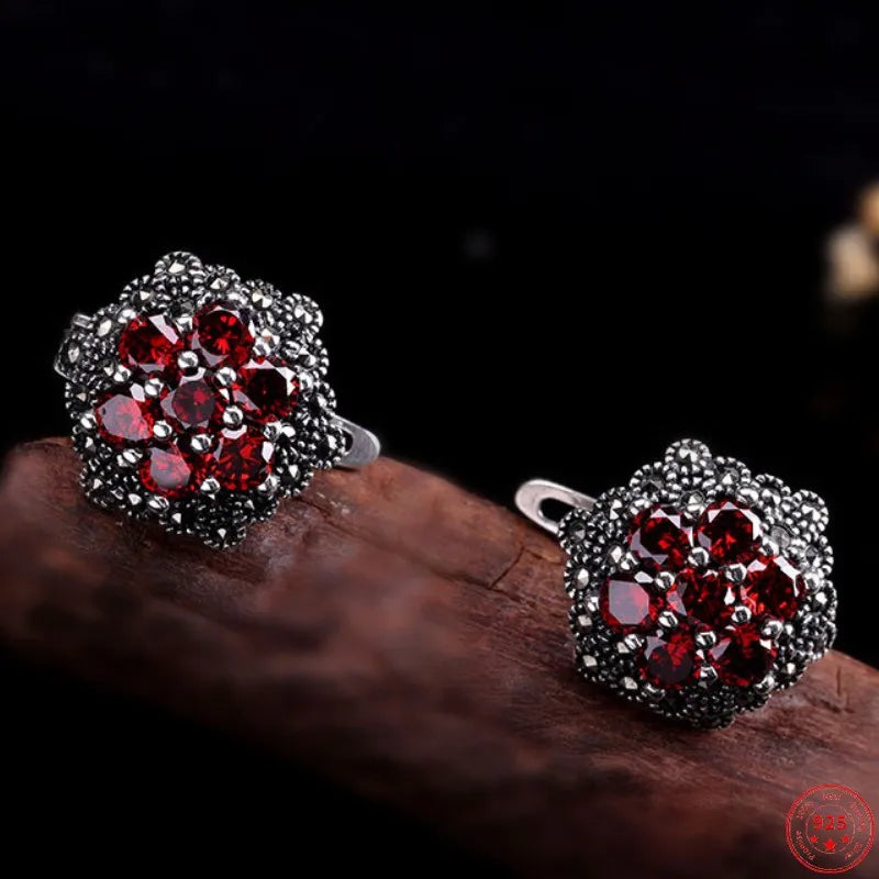 S925 Sterling Silver Earrings for Women New Women's Fashion Relief Flower Marcasite Garnet Agate Argentum Ear-Clip Jewelry