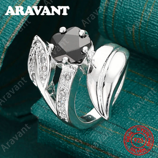 925 Sterling Silver Black Zircon Leaf Ring For Women, Commuter Accessories, Christmas Gift Jewelry
