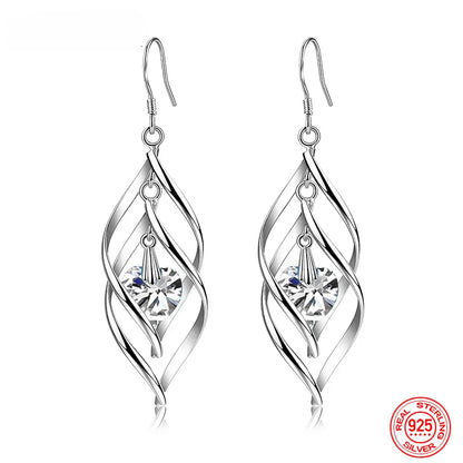 JewelryTop New Arrival 925 Sterling Silver Crystal Long Dangle Earrings For Women Lady Charm Wedding Party Jewelry Gift Noble