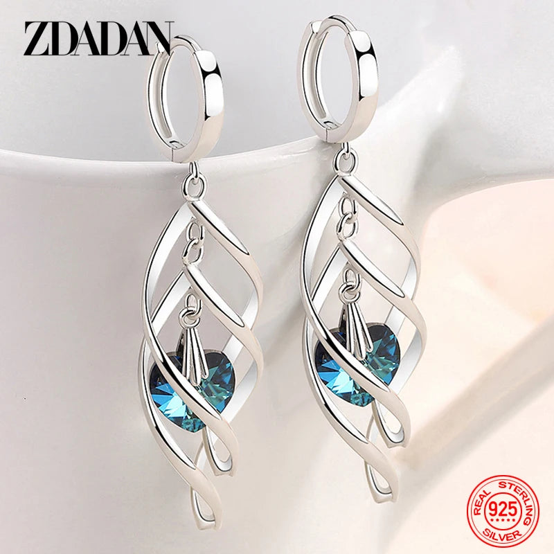 ZDADAN 925 Silver Hollow Blue Crystal Long Drop Earrings For Women Fashion Wedding Jewelry Gift