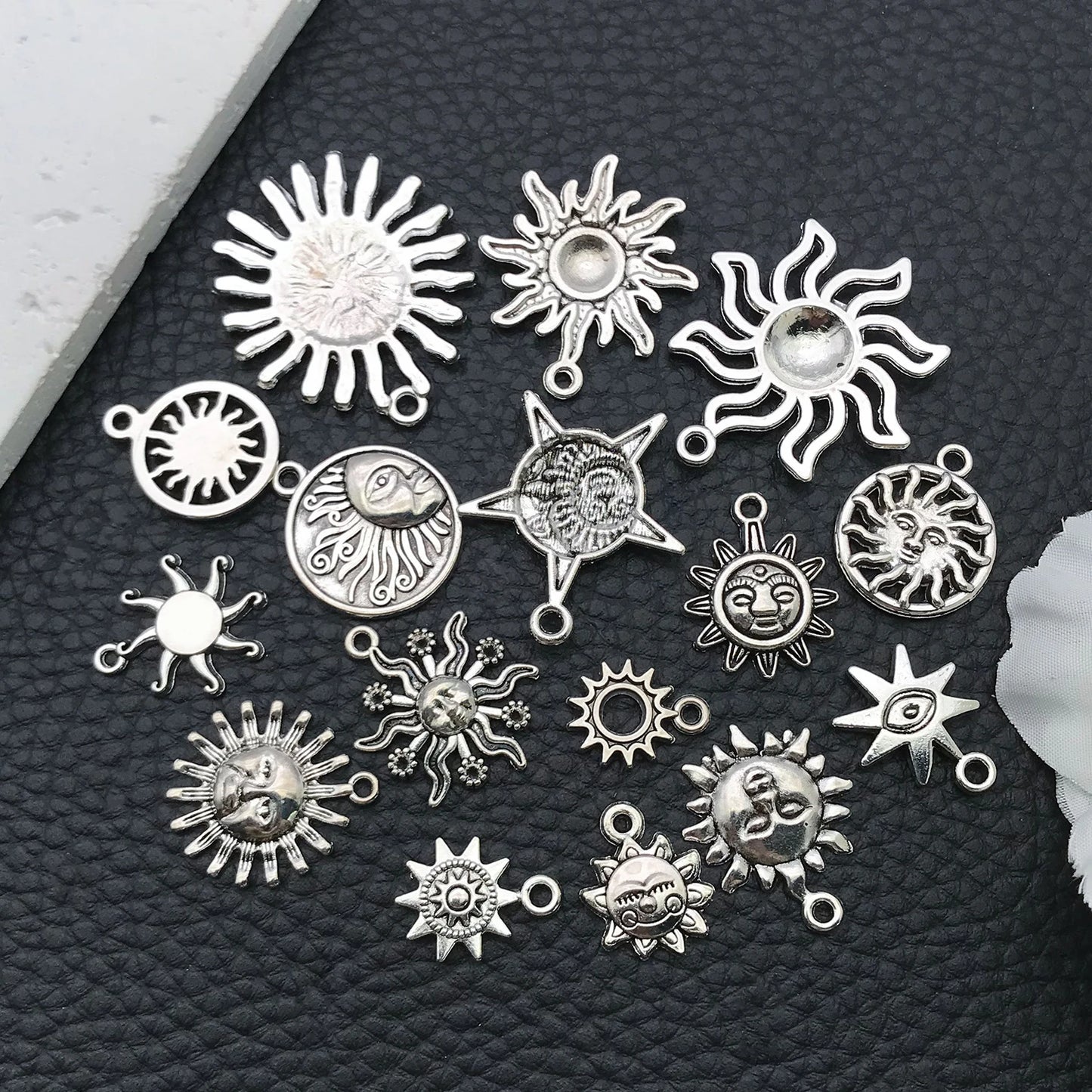16/20pcs Antique Silver Celestial Series Set (Sun/Stars/Moon) - Perfect for Crafting Necklace, Bracelet & Earring Accessories.