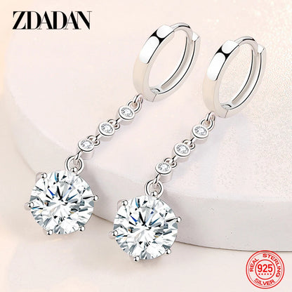 ZDADAN 925 Sterling Silver Blue Crystal Long Drop Earrings For Women Fashion Wedding Jewelry Gifts