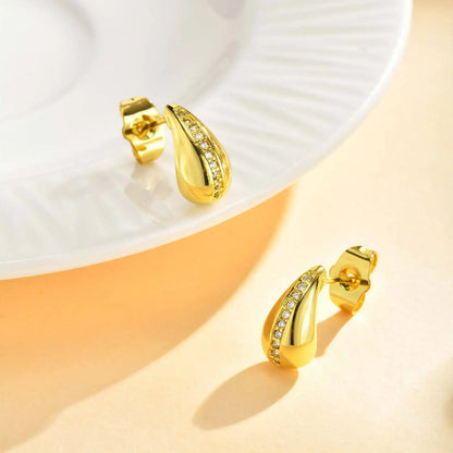 Teardrop Gold Plated Earrings for Women, Zirconia Water Droplet Stud Earring, Birthday Wedding Party Jewelery