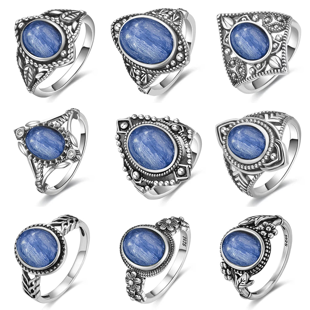Vintage S925 Sterling Silver Ring Oval Round Natural Kyanite Ring Sun And Flower Shaped Retro Fine Jewelry For Women Men
