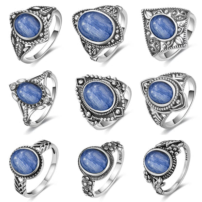 Vintage S925 Sterling Silver Ring Oval Round Natural Kyanite Ring Sun And Flower Shaped Retro Fine Jewelry For Women Men
