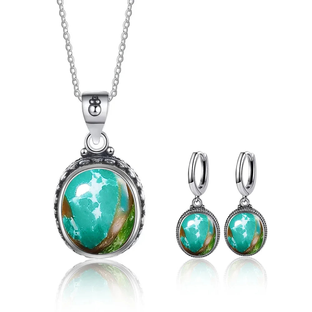 Vintage 925 Sterling Silver Earring Oval Natural Kyanite Stone Moonstone Labradorite Hoop Earrings With Necklace Set For Women