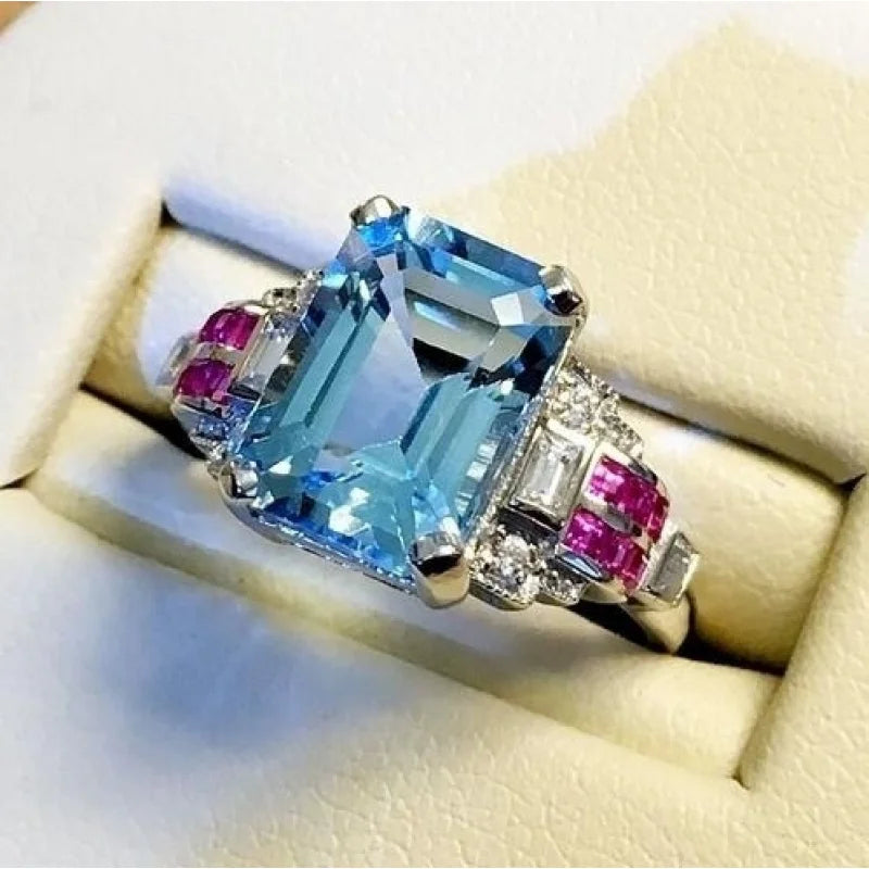 2026 New Topaz and Aquamarine Ring - Set with Red Spinel Jewelry - A Fashionable and Elegant Valentine's Day Gift for Girls