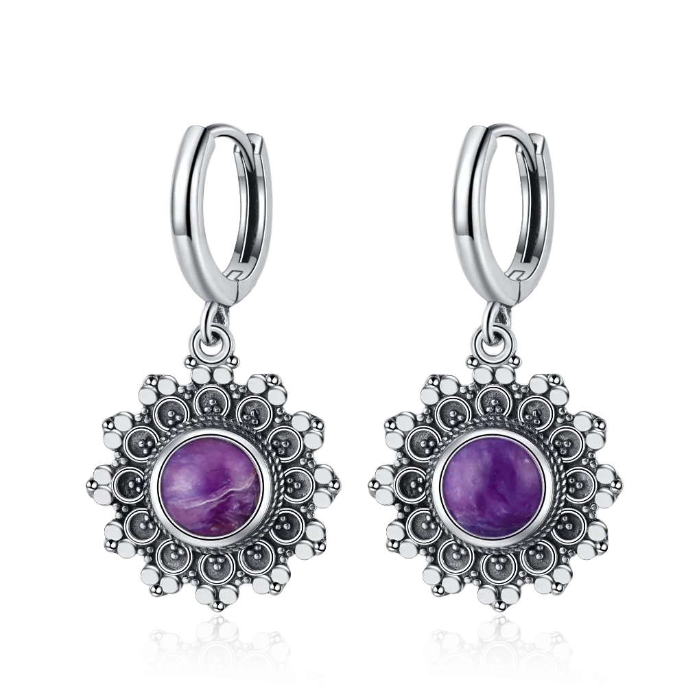 S925 Silver Snowflake Natural Kyanite Earrings for Women Round 6MM Blue Stone Vintage Jewelry Party Anniversary Gifts