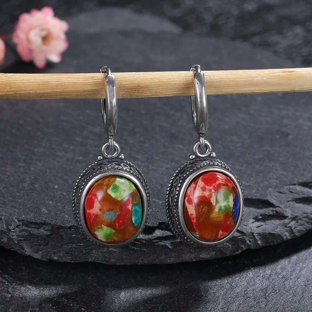 Vintage 925 Sterling Silver Earring Oval Natural Kyanite Stone Moonstone Labradorite Hoop Earrings With Necklace Set For Women