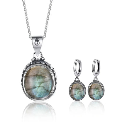 Vintage 925 Sterling Silver Earring Oval Natural Kyanite Stone Moonstone Labradorite Hoop Earrings With Necklace Set For Women