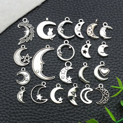 16/20pcs Antique Silver Celestial Series Set (Sun/Stars/Moon) - Perfect for Crafting Necklace, Bracelet & Earring Accessories.