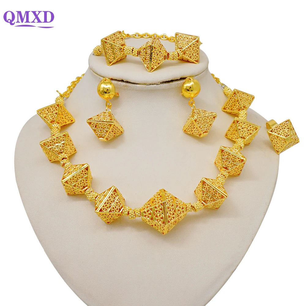 Dubai Gold Color Jewelry Sets African Indian wedding Bridal Wife gifts Necklace Bracelet Earrings ring Jewelery for Women 2022
