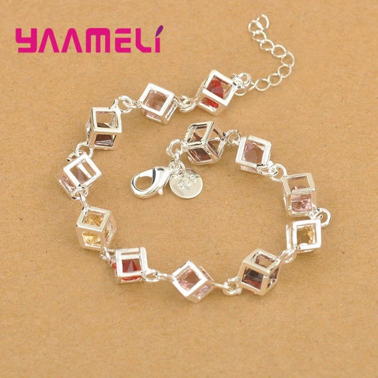 Sweet Valentine's Gifts Shining 925 Sterling Silver Multicolor Cubic Zircon Stone Heart Charms Women Ladies Bracelet HOT