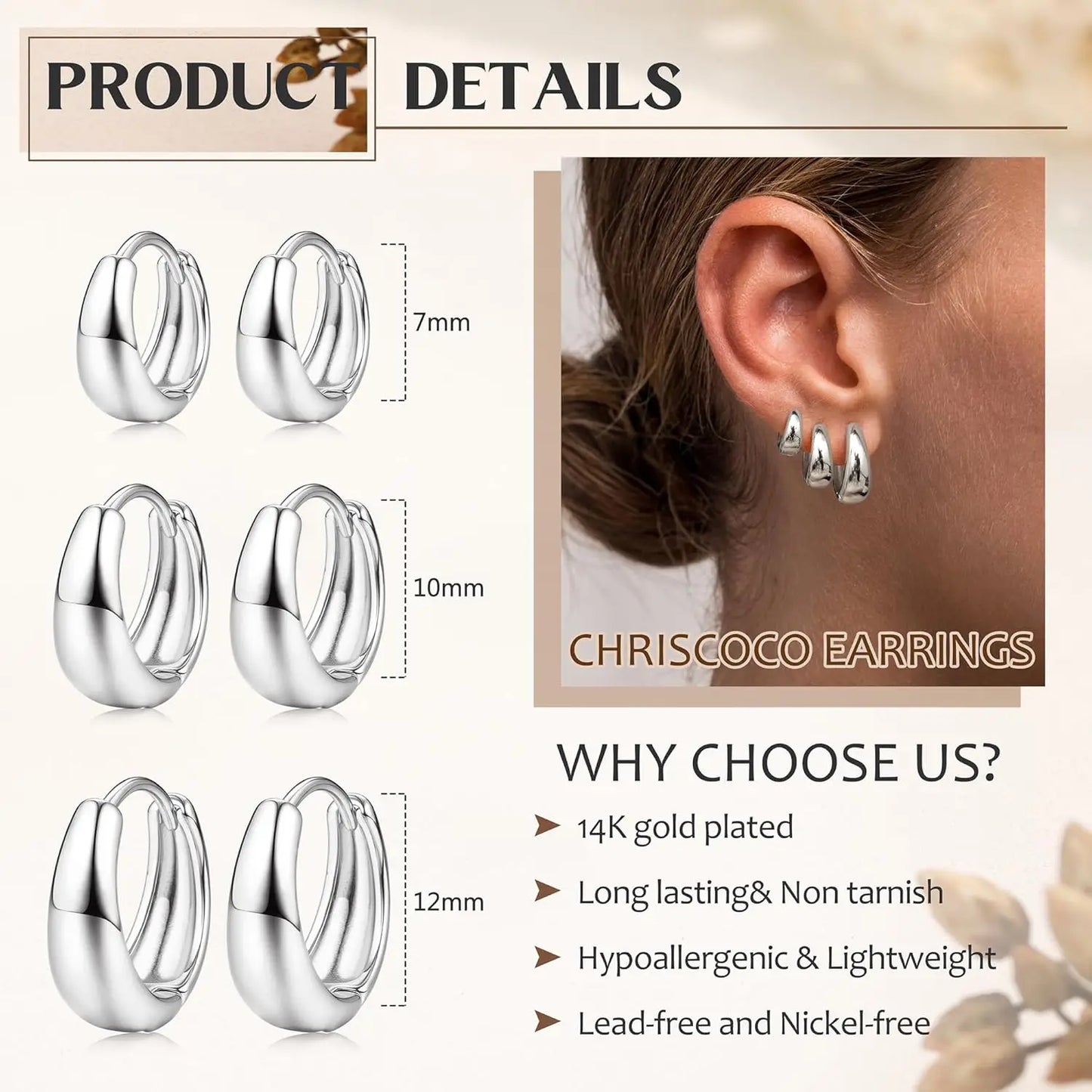 3 Paia Orecchini Cerchio Donna Orecchini Cerchio Oro Placcato 14K Orecchini Cerchio Argento