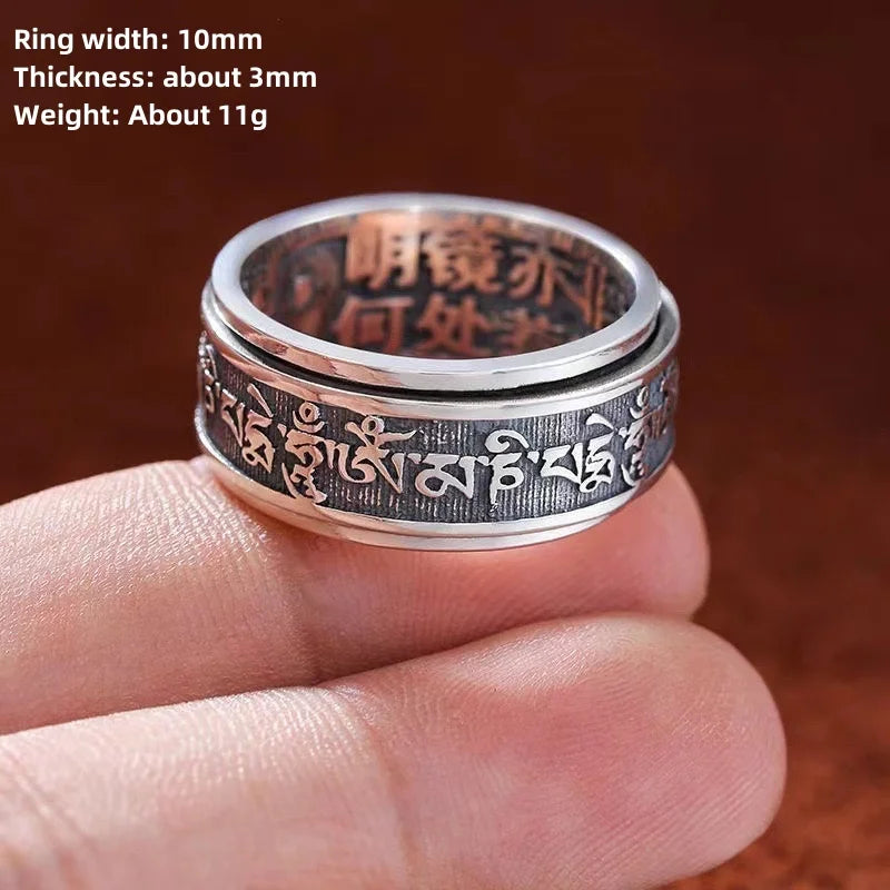 Real 925 Sterling Silver Vintage Rings Rotatable Tibetan Six Words Mantra Rings Om Mani Padme Hum Buddhist Jewelry